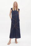 Vestido Linho Bordado Pesponto Geométrico