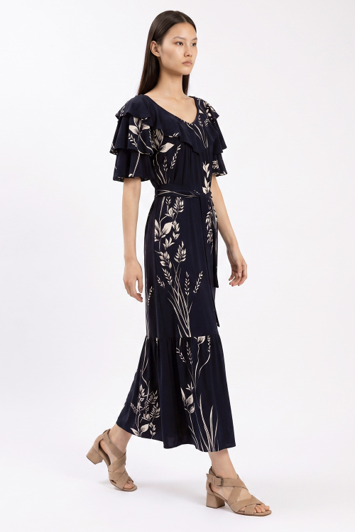 Vestido Jersey Est Caules E Folhas Decote Amplo