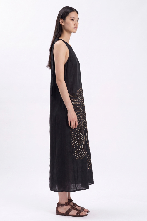Vestido Linho Regata Bordado Pássaro