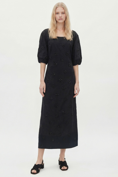 Vestido Viscose Metal Bordado Flores