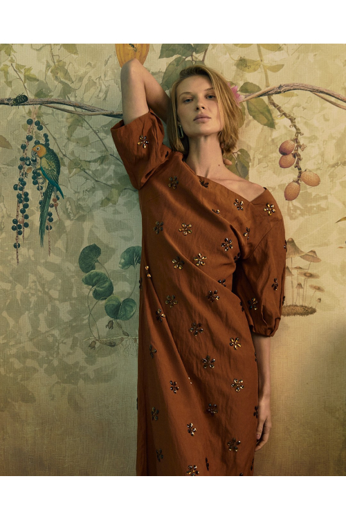 Vestido Viscose Metal Bordado Flores
