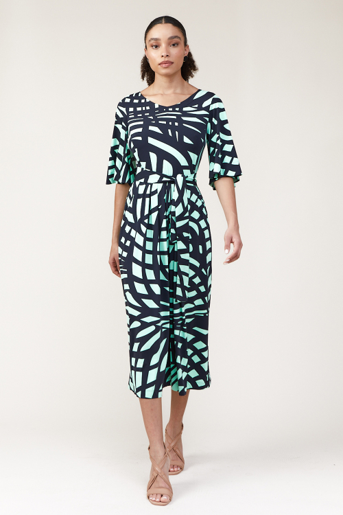vestido midi jersey espiral com faixa
