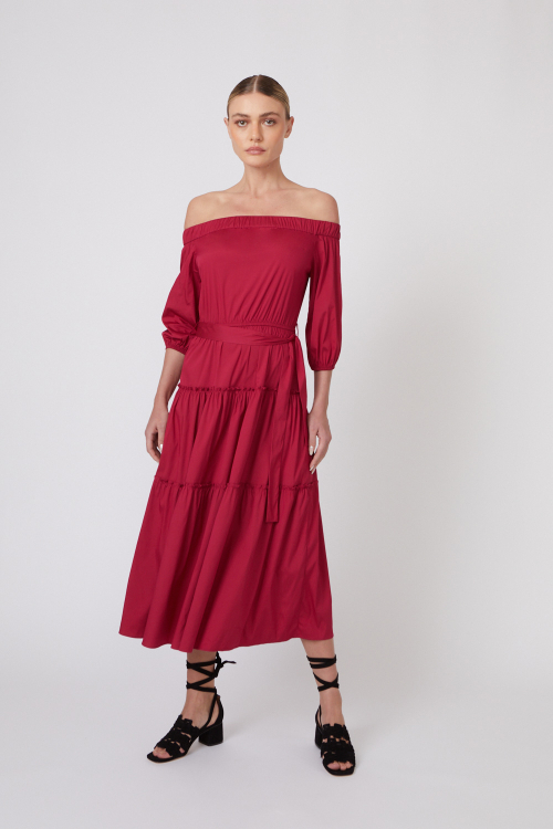 vestido tricoline ombro a ombro midi