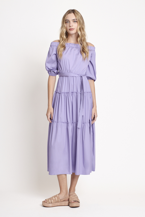 vestido tricoline ombro a ombro midi