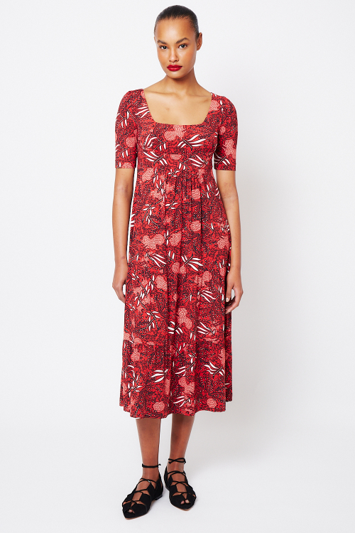 vestido jersey estampa renda decote quadrado