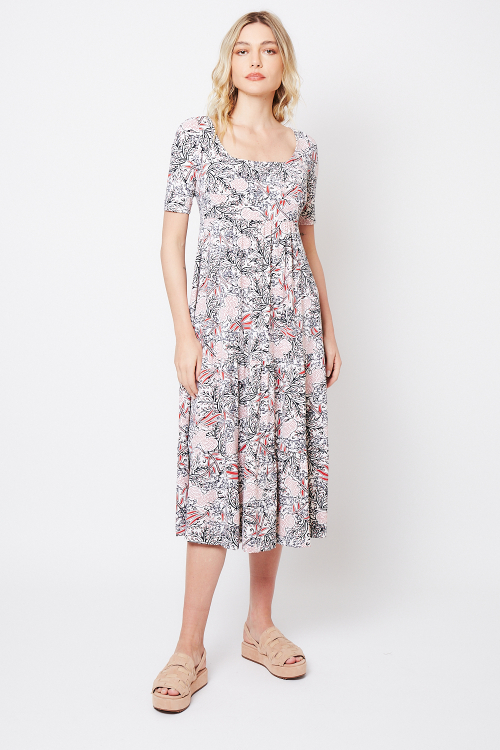 vestido jersey estampa renda decote quadrado