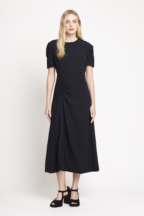 vestido modal com linho franzido