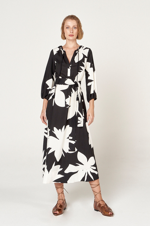 vestido viscose plana estampa brisa decote V midi