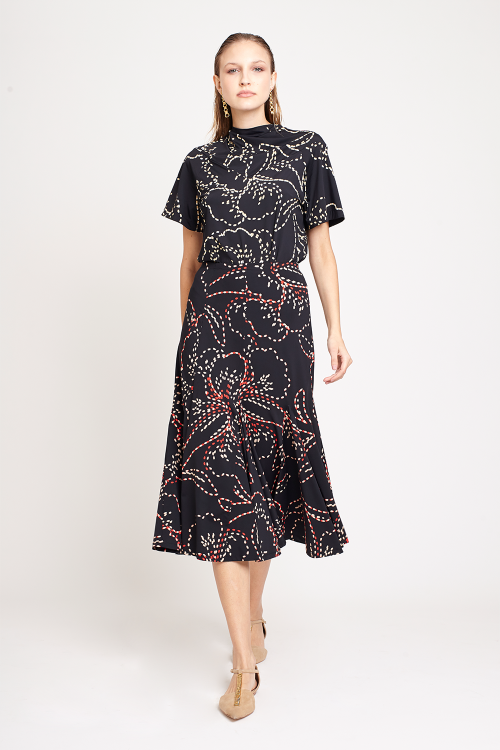 saia jersey estampa pesponto floral