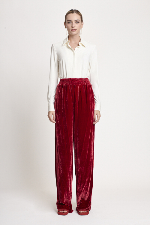 calça veludo de seda com cós lastéx