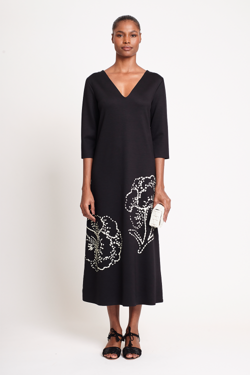 vestido malha dupla leve silk pesponto floral