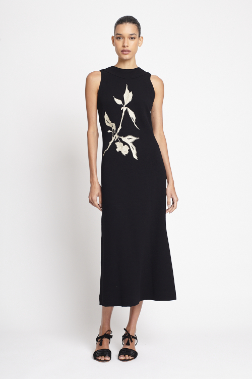 vestido bouclê bordado folhagem