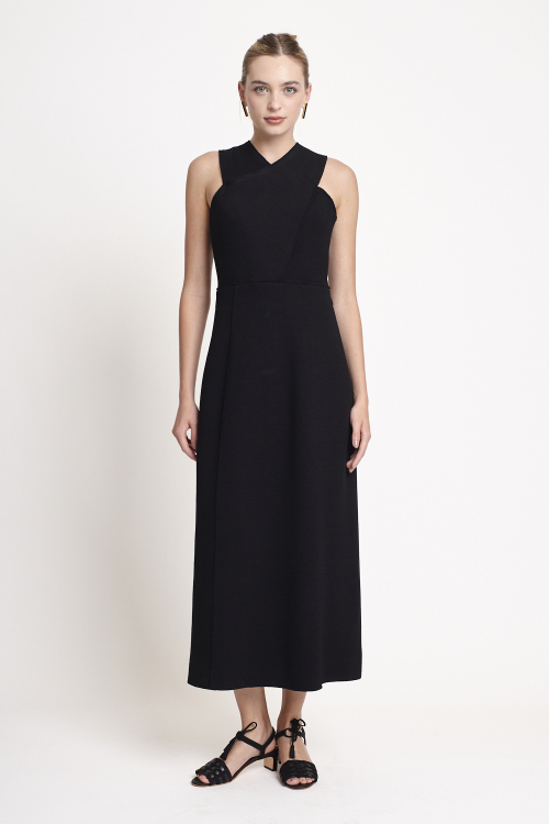 vestido malha dupla bouclê cruzado