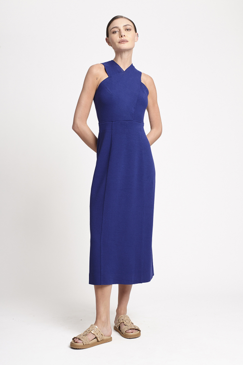 vestido malha dupla bouclê cruzado