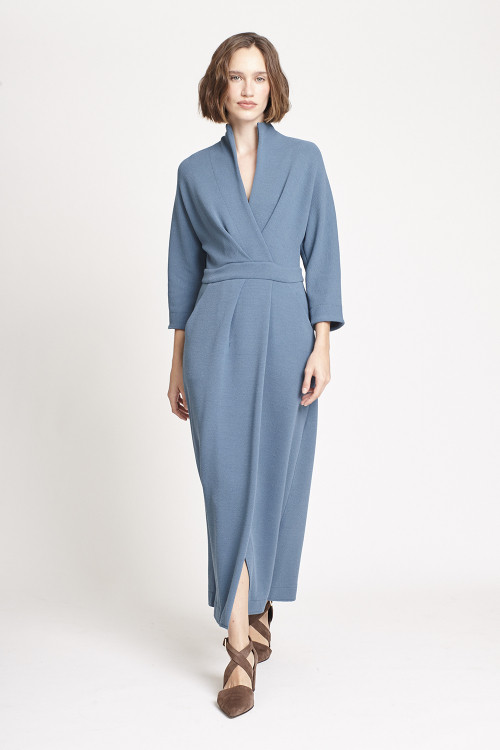 vestido malha dupla bouclê transpasse