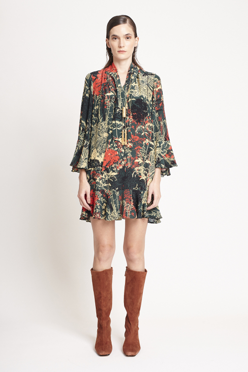 vestido de seda estampa biombo curto