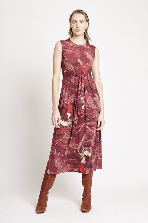 vestido jersey estampa pássaro amarração