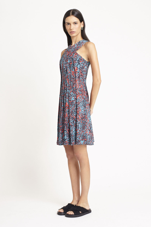 vestido jersey estampa pluma colorida curto
