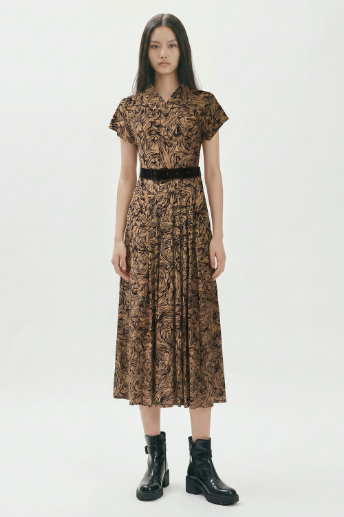 vestido jersey estampa ventania saia pregas