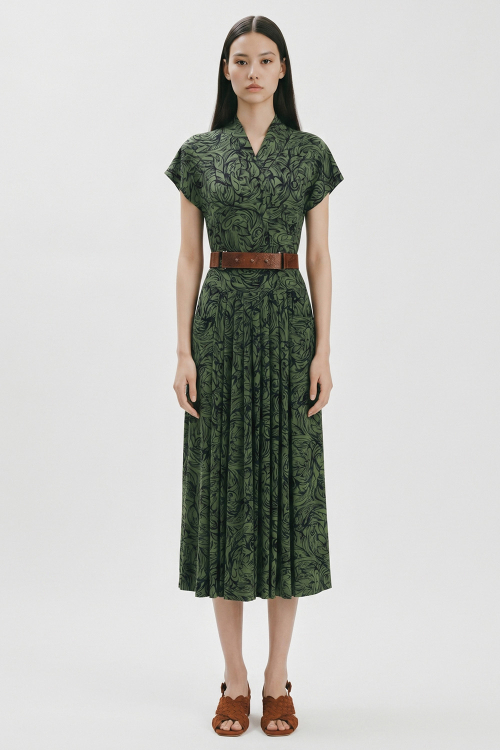 vestido jersey estampa ventania saia pregas