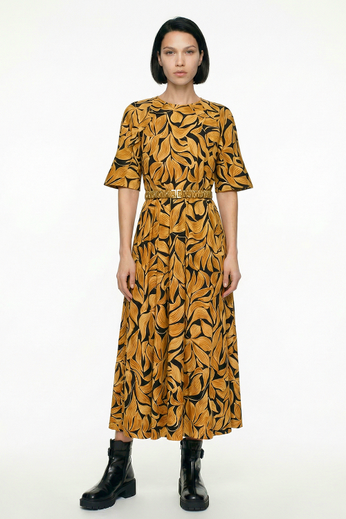 vestido jersey estampa brocado babado