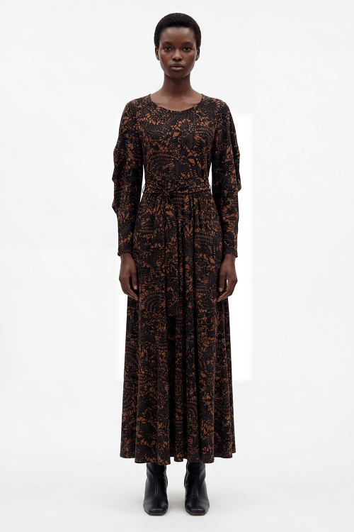 vestido jersey estampa renda longo