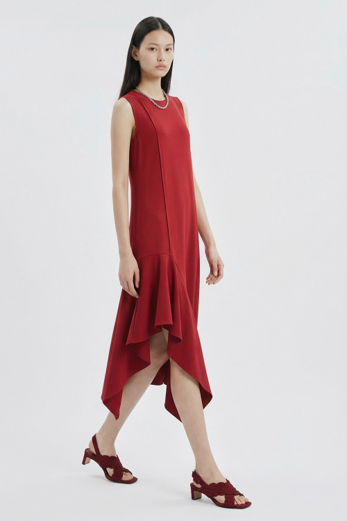 vestido malha dupla leve babado frente