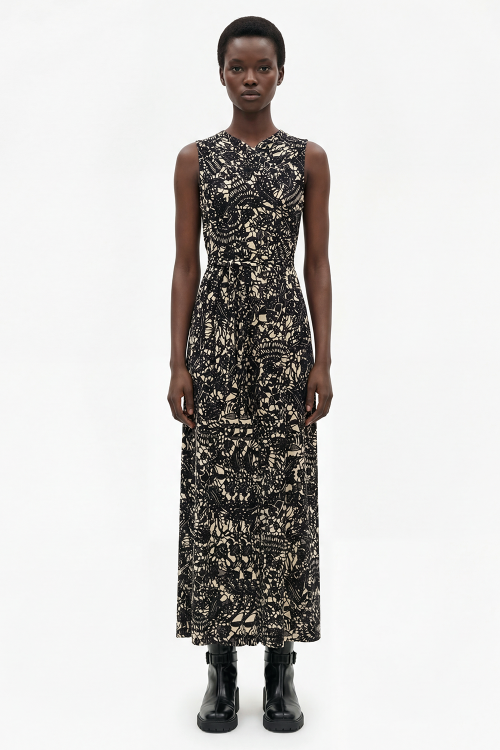 vestido jersey estampa renda drapeado