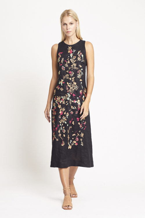 vestido linho bordado brocado