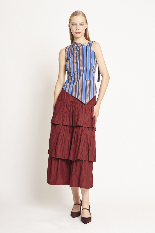 blusa tricoline listrada franzido ombro