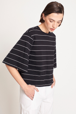 blusa malha listrada pregas mangas